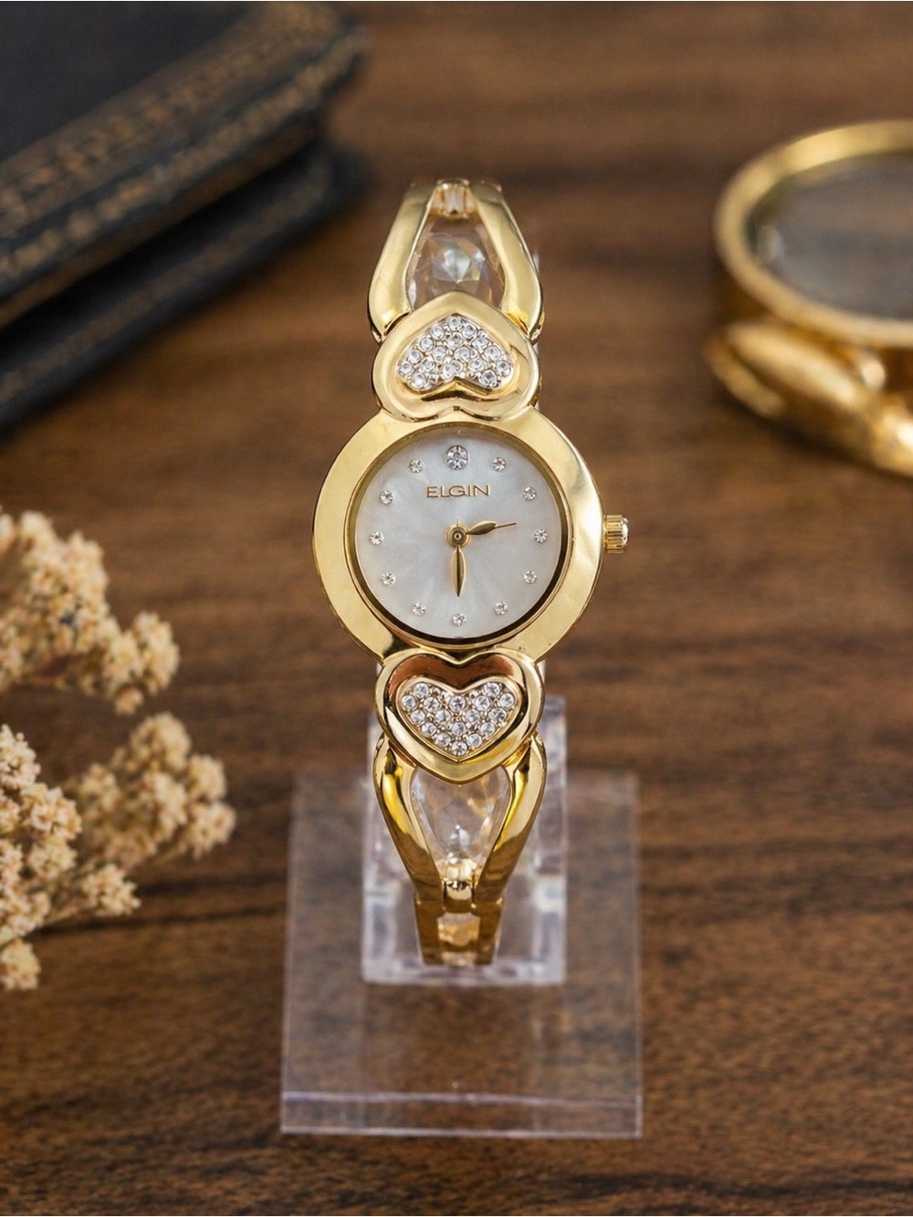Elgin Women's Gold Heart Crystal Bracelet Watch